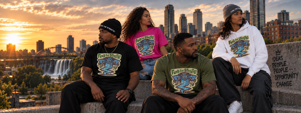 Fund The Streets streetwear campaign featuring graphic T-shirts, hoodie and beanies